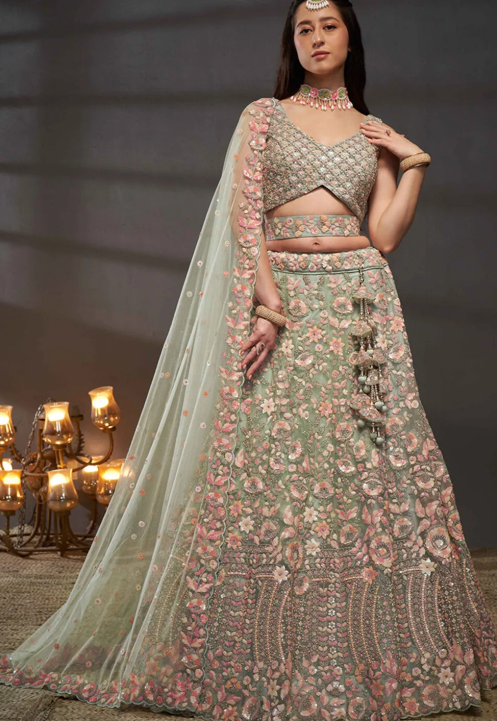 Embroidered Net Lehenga in Sea Green