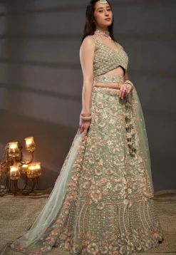 Embroidered Net Lehenga in Sea Green