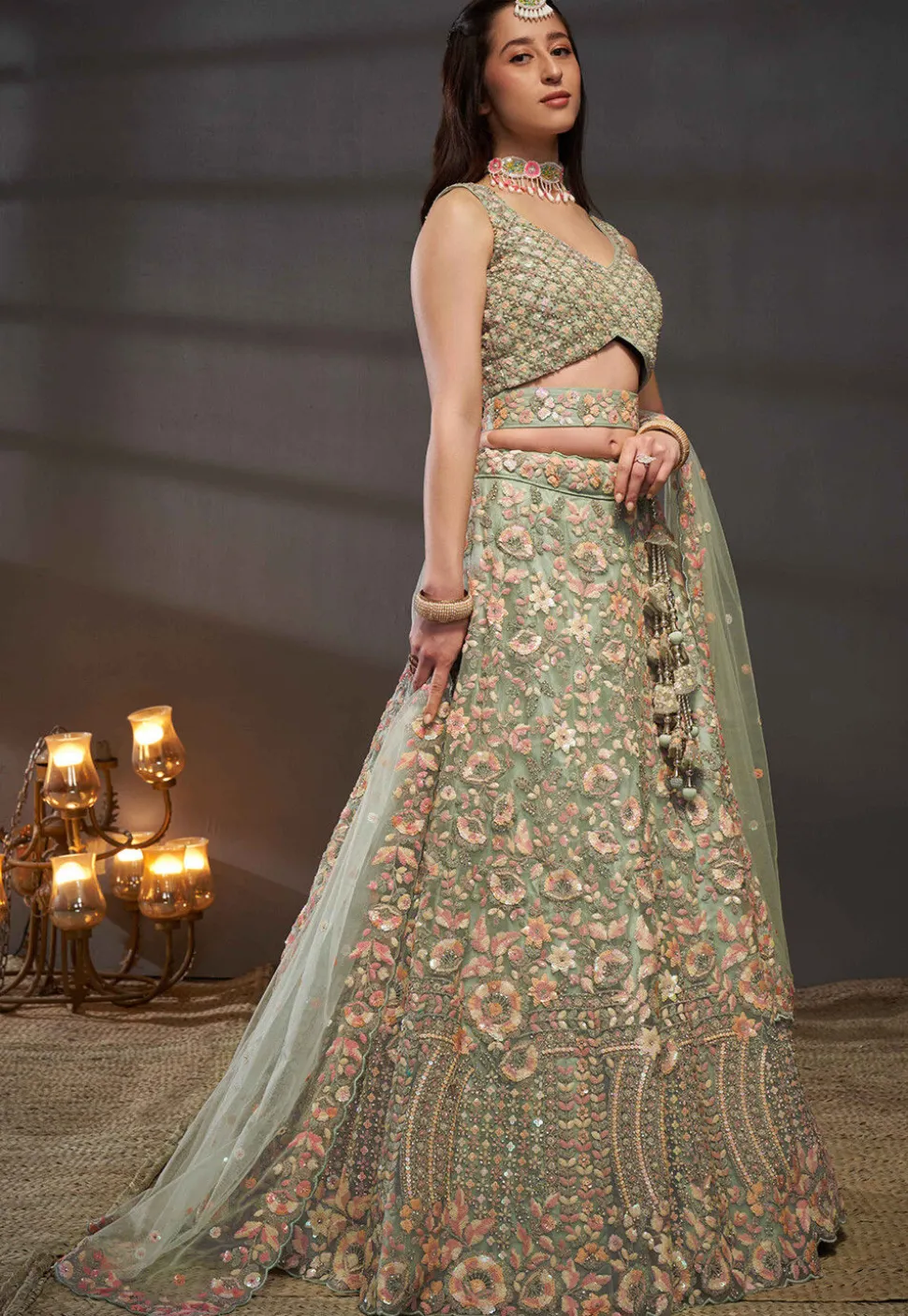 Embroidered Net Lehenga in Sea Green