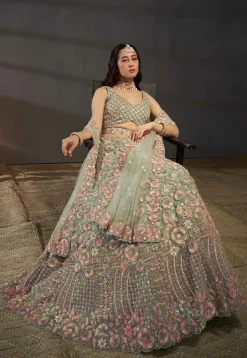 Embroidered Net Lehenga in Sea Green
