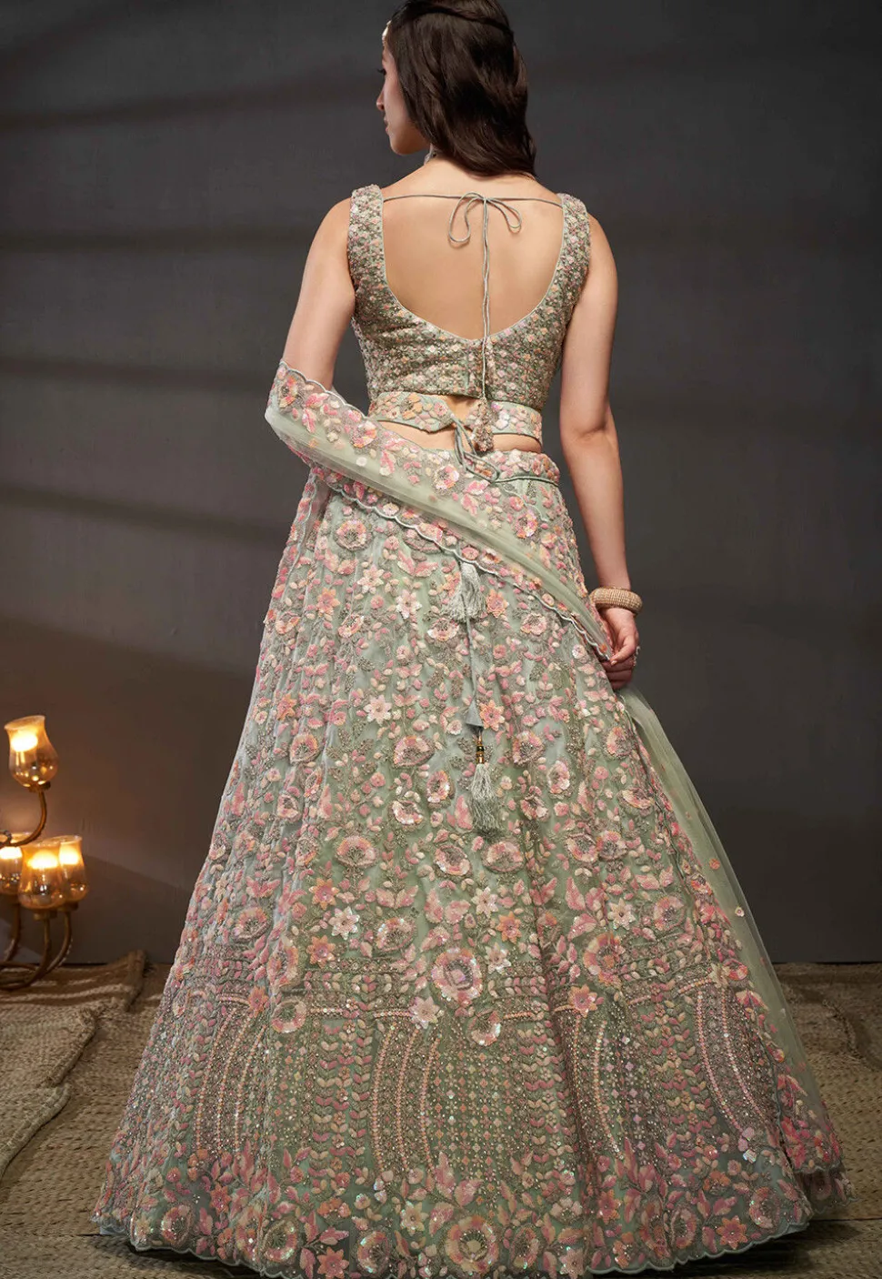 Embroidered Net Lehenga in Sea Green