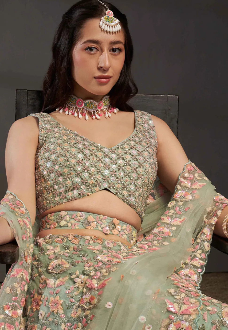 Embroidered Net Lehenga in Sea Green