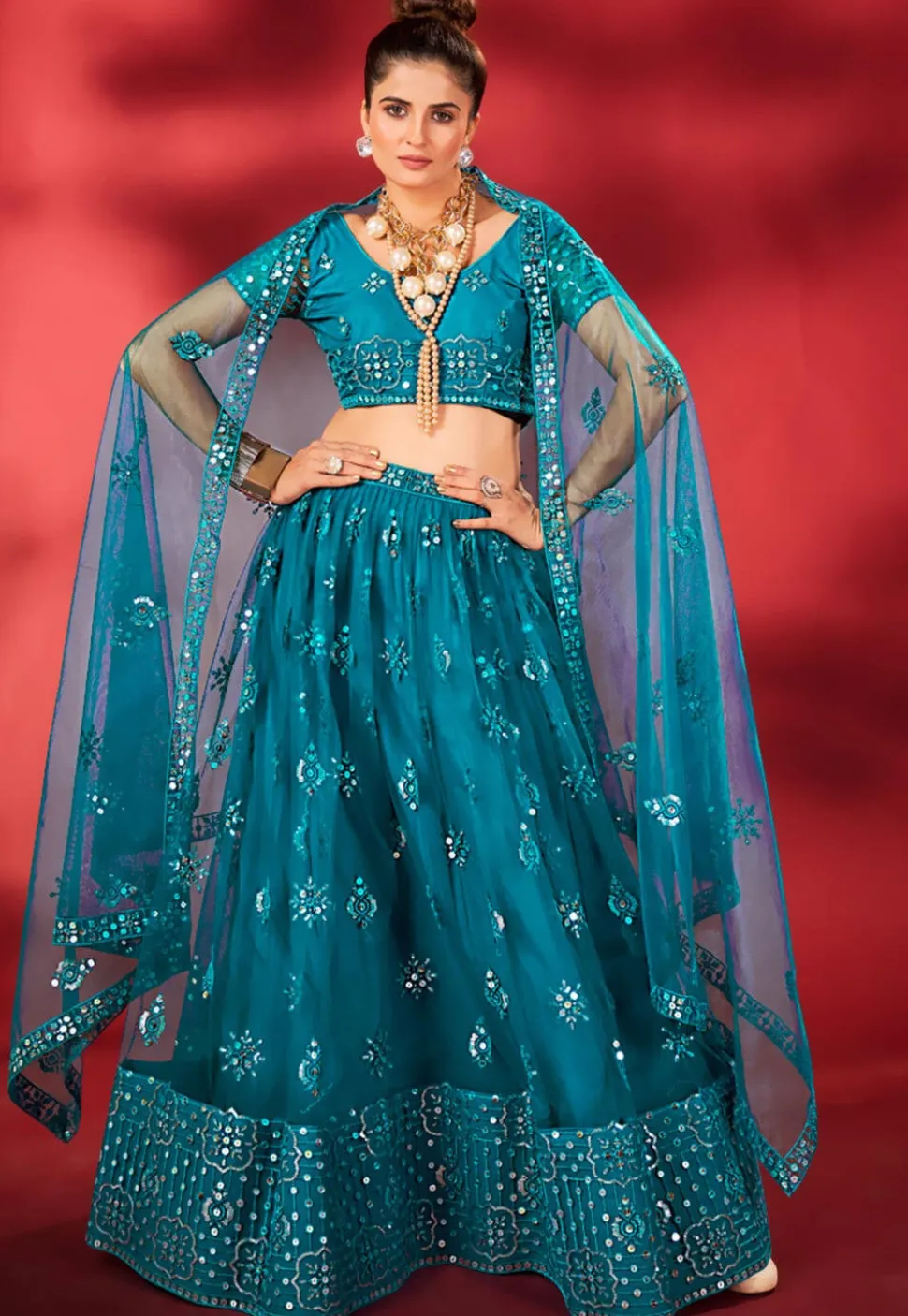 Embroidered Net Lehenga in Teal Blue
