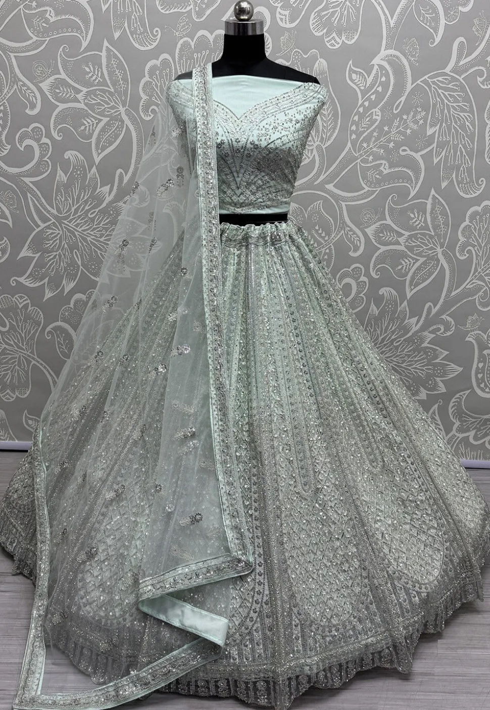 Embroidered Net Lehenga in Pastel Blue