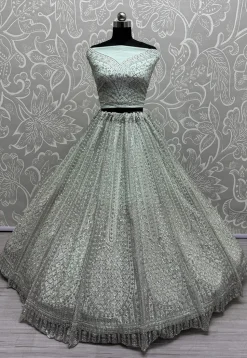 Embroidered Net Lehenga in Pastel Blue