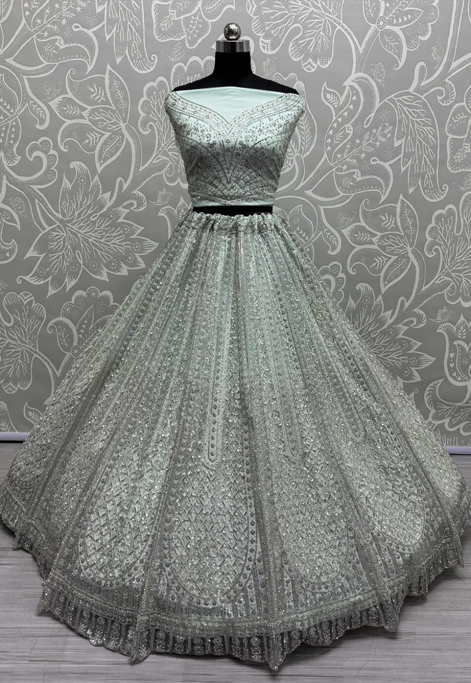 Embroidered Net Lehenga in Pastel Blue