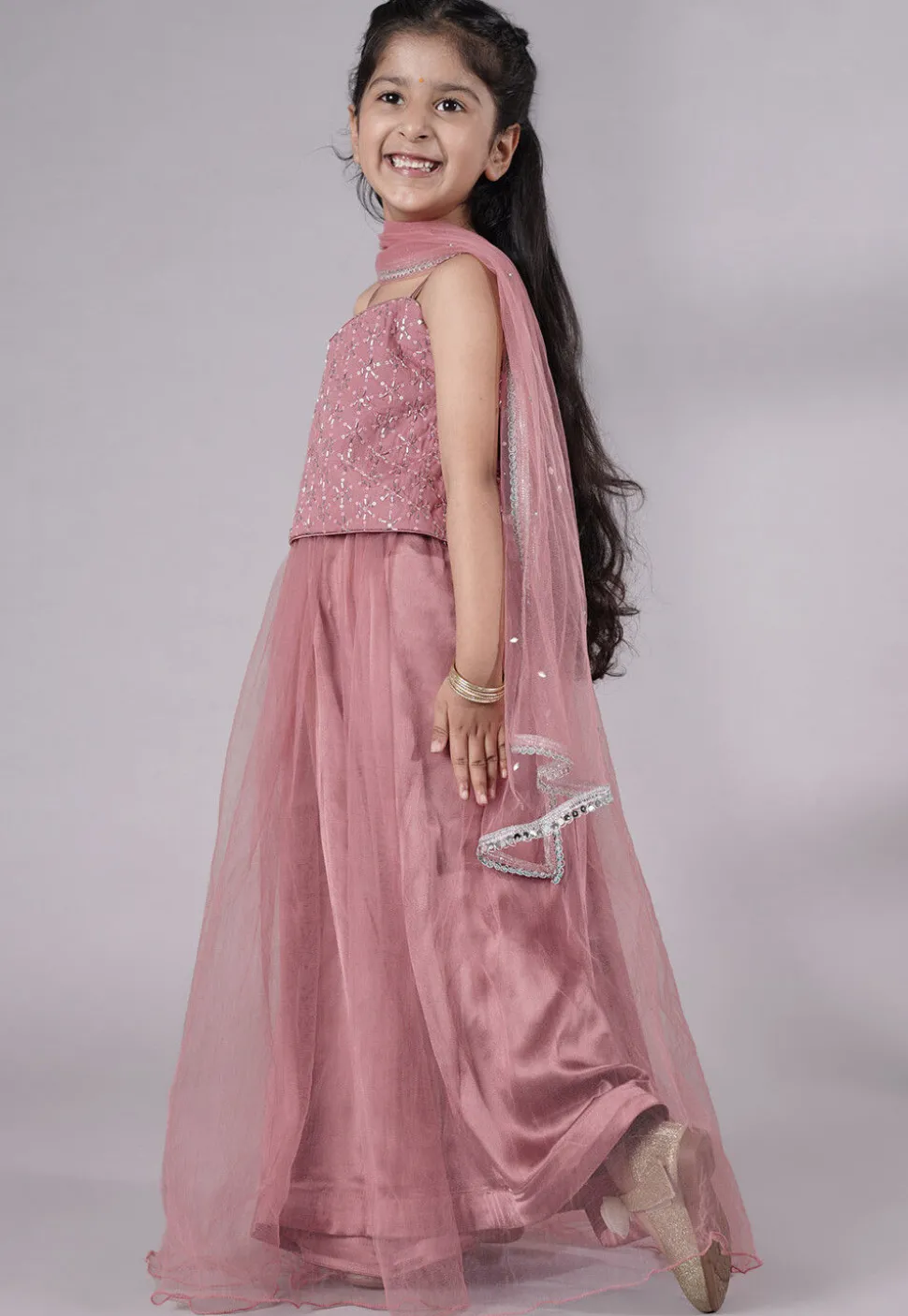 Embroidered Net Lehenga in Old Rose