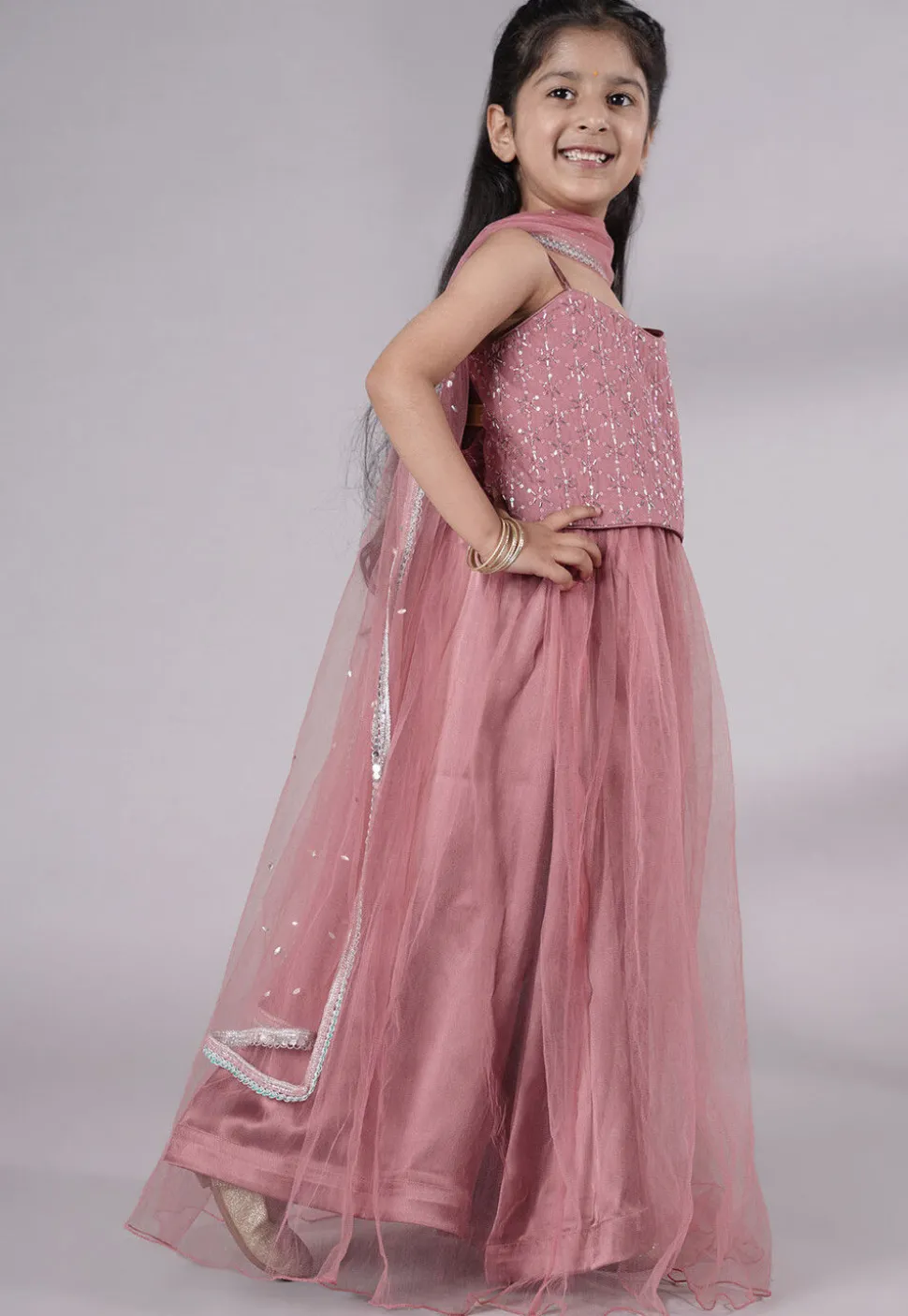 Embroidered Net Lehenga in Old Rose