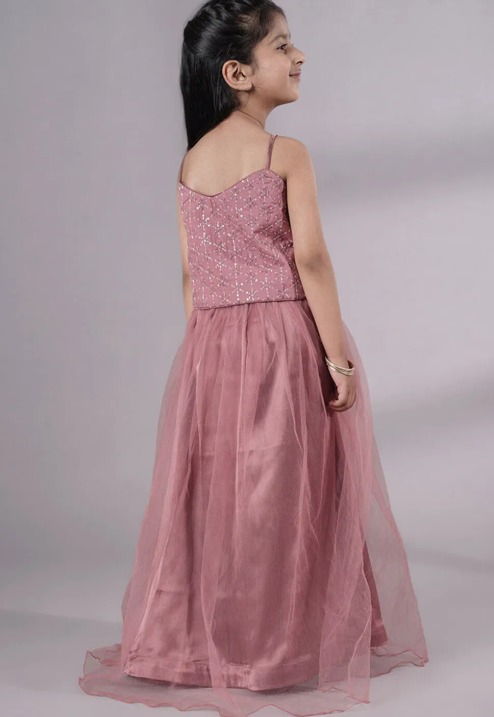 Embroidered Net Lehenga in Old Rose