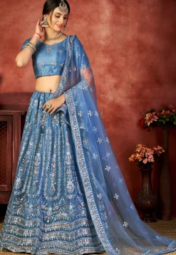 Embroidered Net Lehenga in Sky Blue