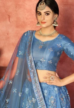 Embroidered Net Lehenga in Sky Blue