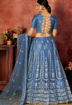 Embroidered Net Lehenga in Sky Blue