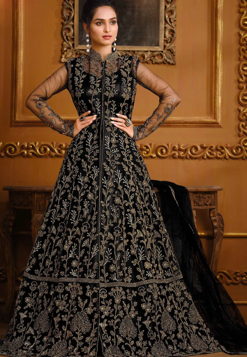 Embroidered Net Lehenga in Black