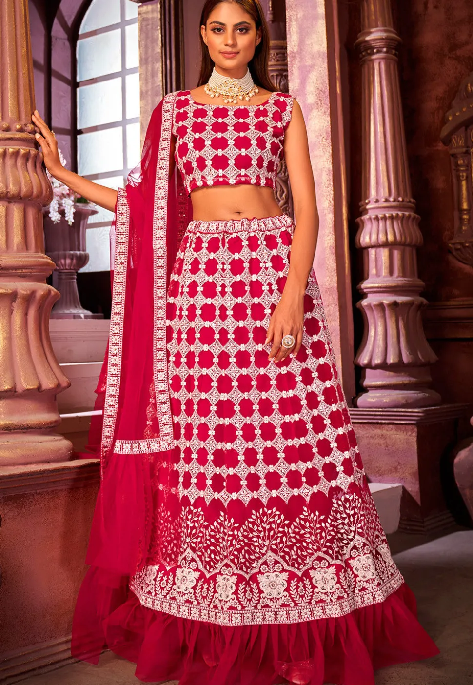 Embroidered Net Lehenga in Dark Pink