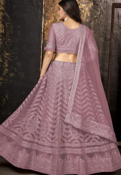 Embroidered Net Lehenga in Pink
