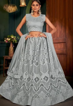 Embroidered Net Lehenga in Grey