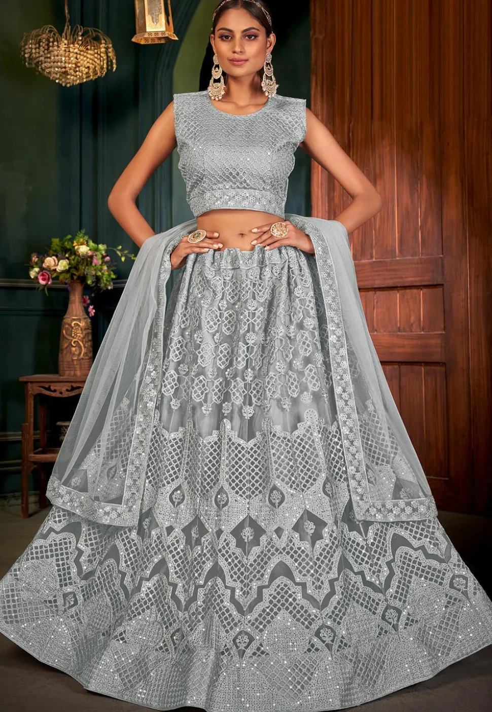 Embroidered Net Lehenga in Grey