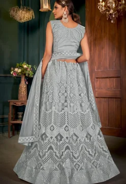 Embroidered Net Lehenga in Grey