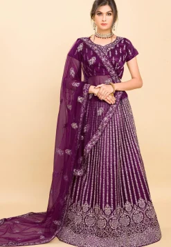 Embroidered Net Lehenga in Purple