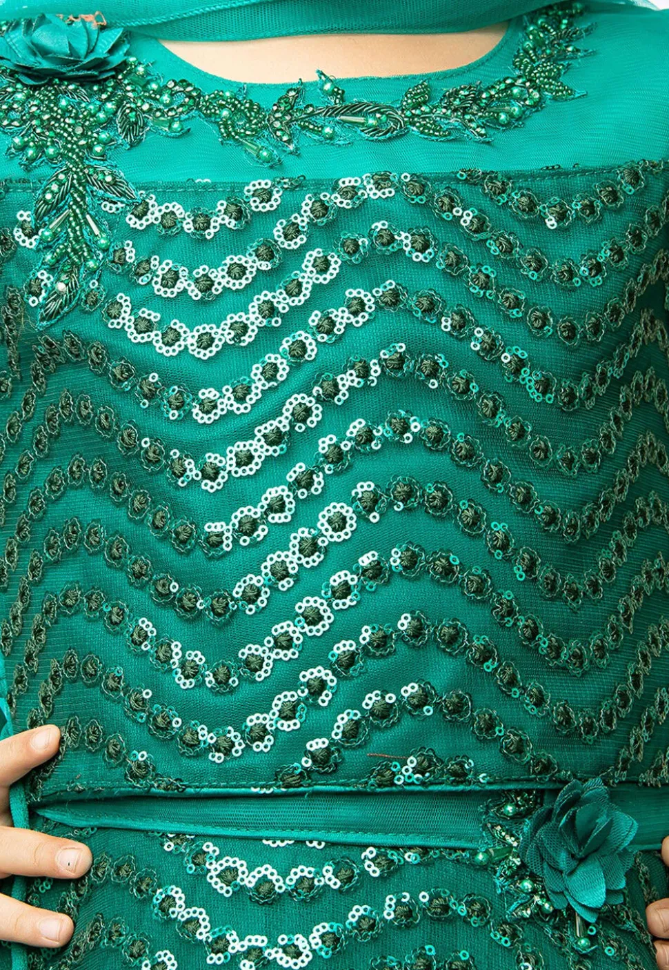 Embroidered Net Lehenga in Teal Green