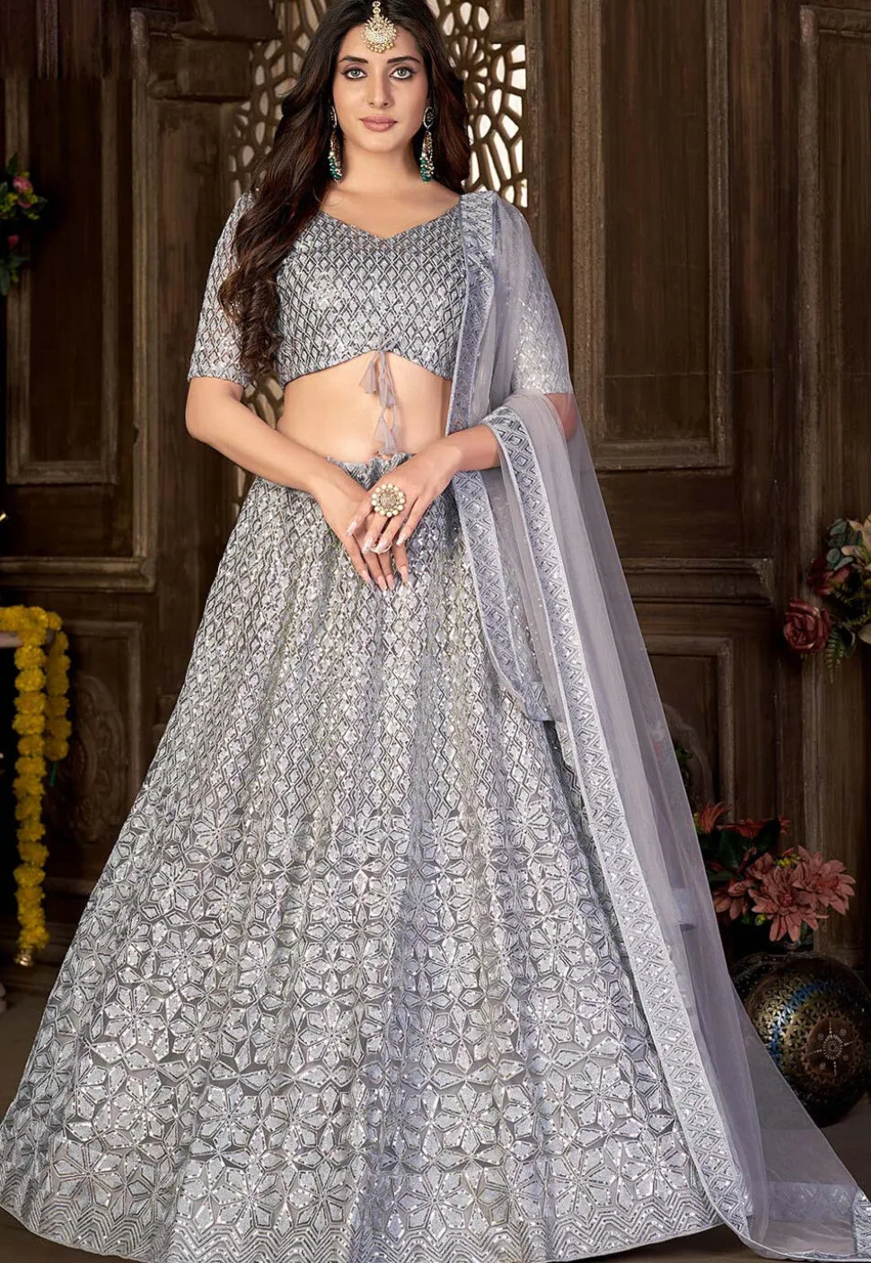 Embroidered Net Lehenga in Grey