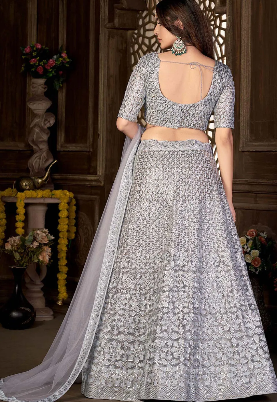 Embroidered Net Lehenga in Grey