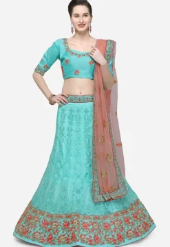 Embroidered Net Lehenga in Turquoise