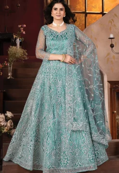 Embroidered Net Lehenga in Blue