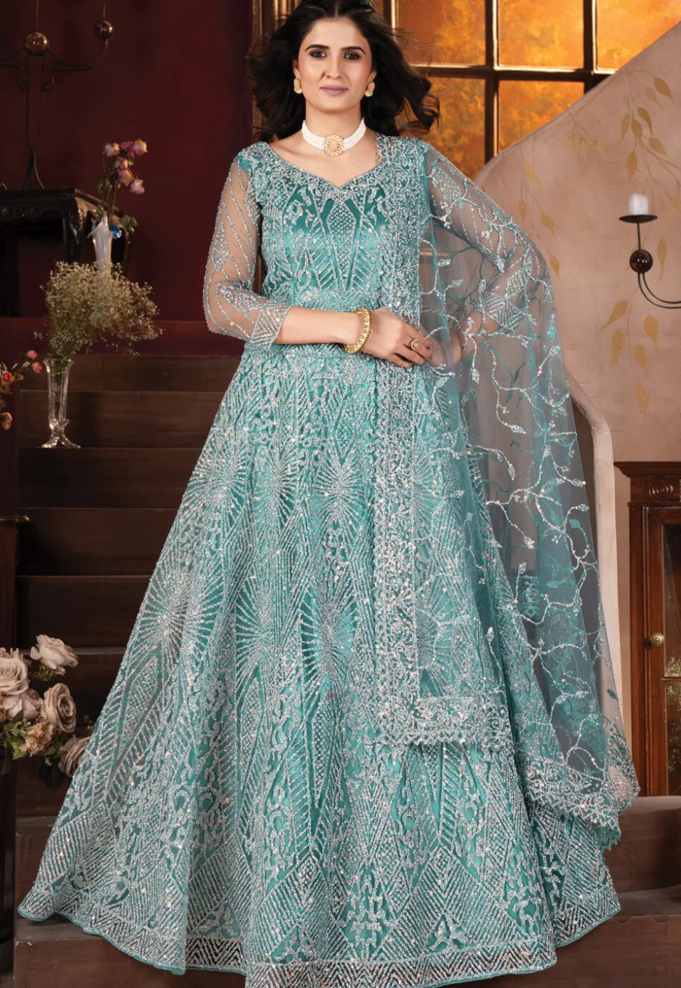 Embroidered Net Lehenga in Blue