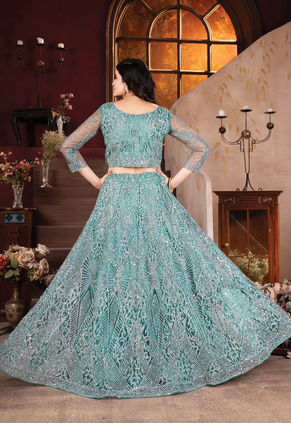 Embroidered Net Lehenga in Blue