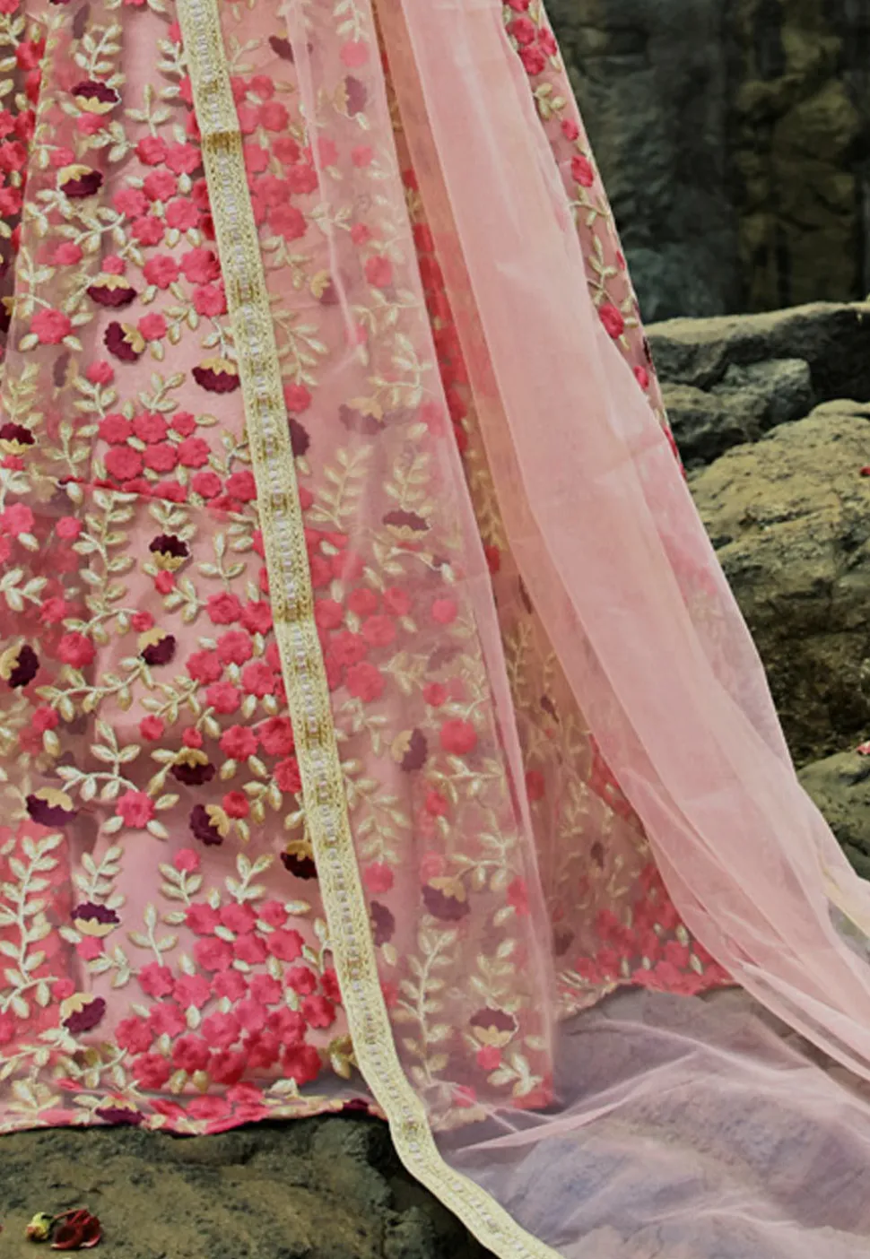 Embroidered Net Lehenga in Pink