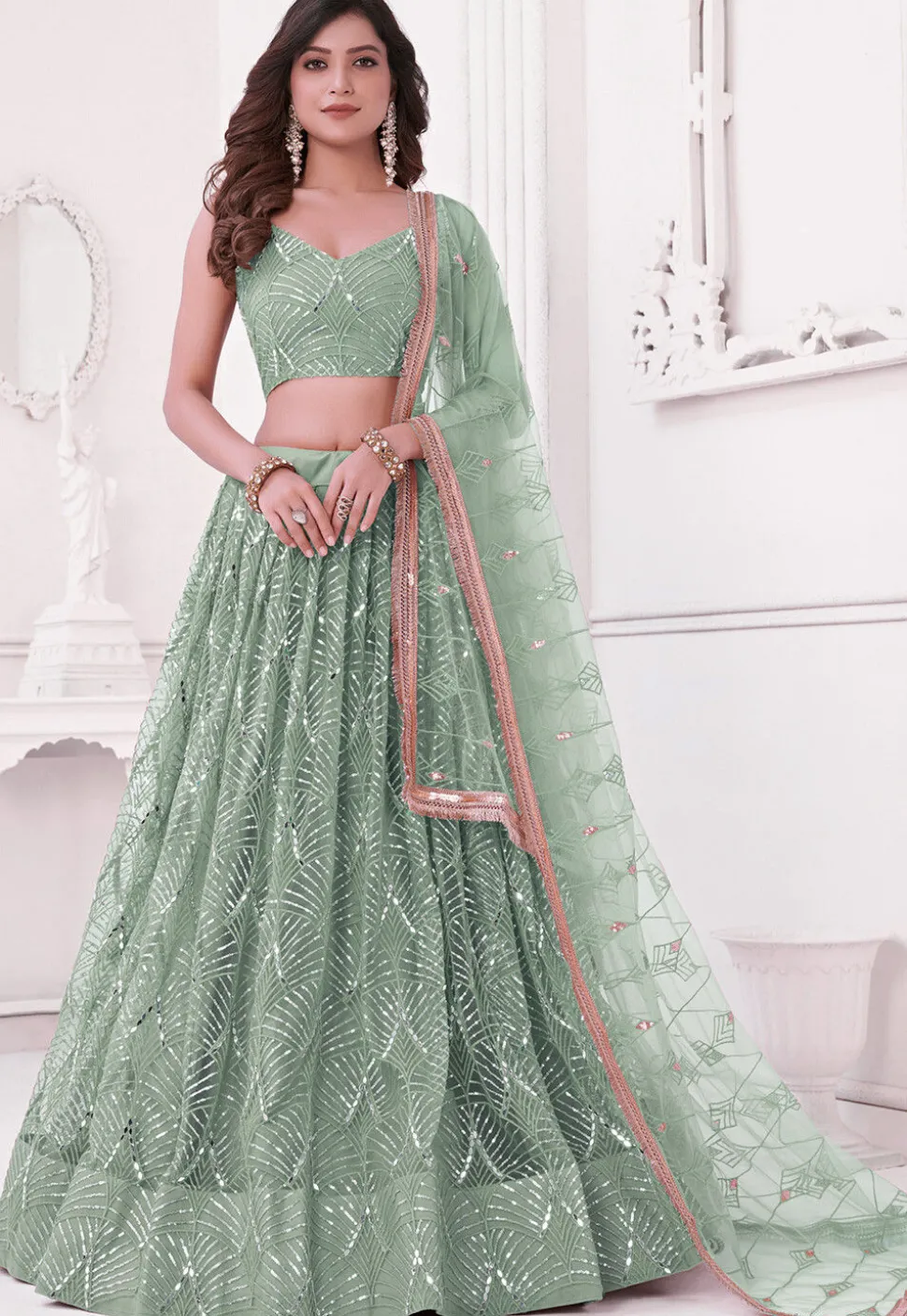 Embroidered Net Lehenga in Dusty Green