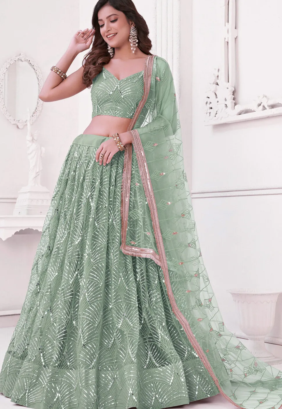 Embroidered Net Lehenga in Dusty Green