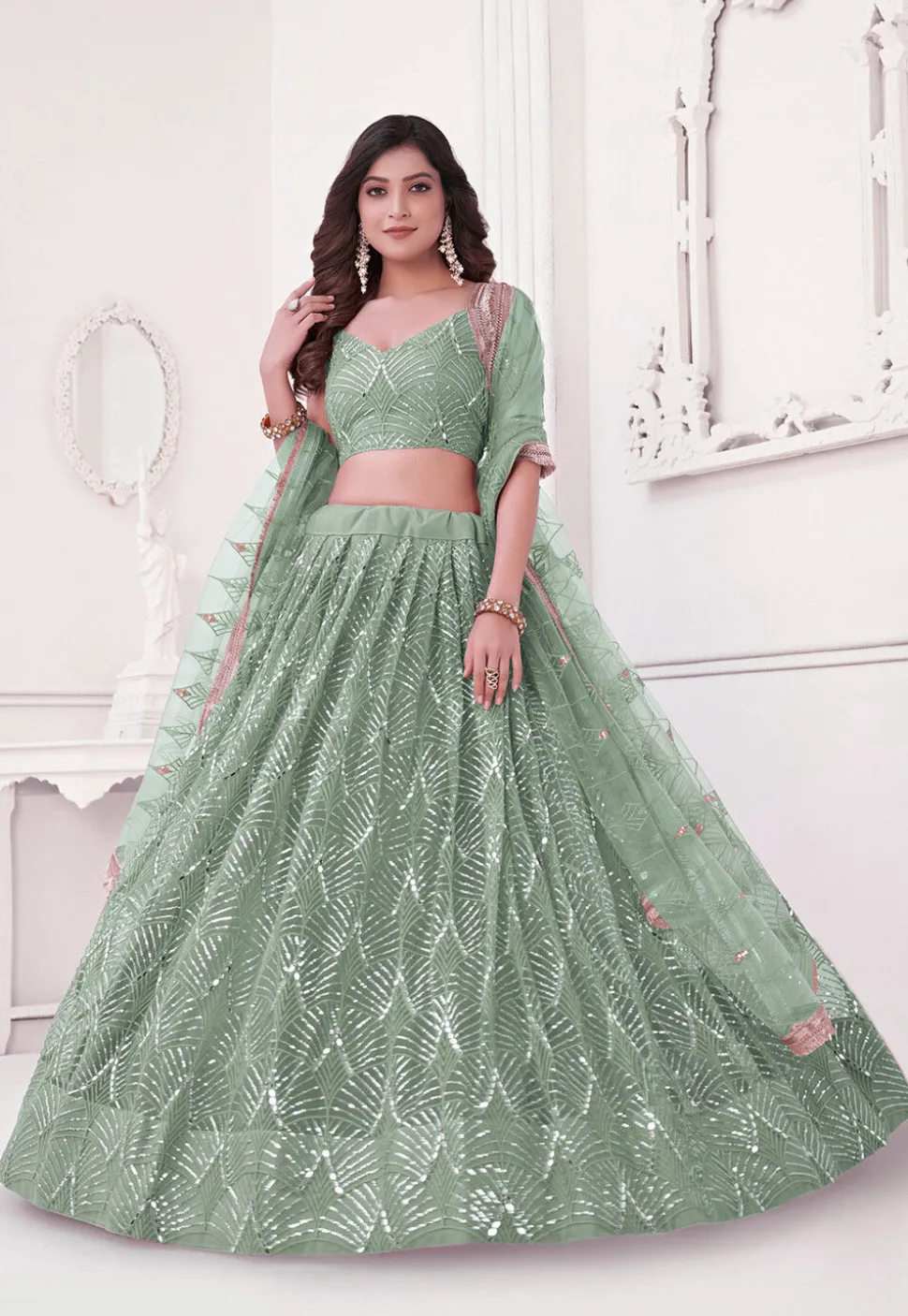 Embroidered Net Lehenga in Dusty Green