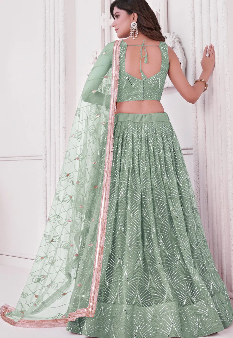 Embroidered Net Lehenga in Dusty Green
