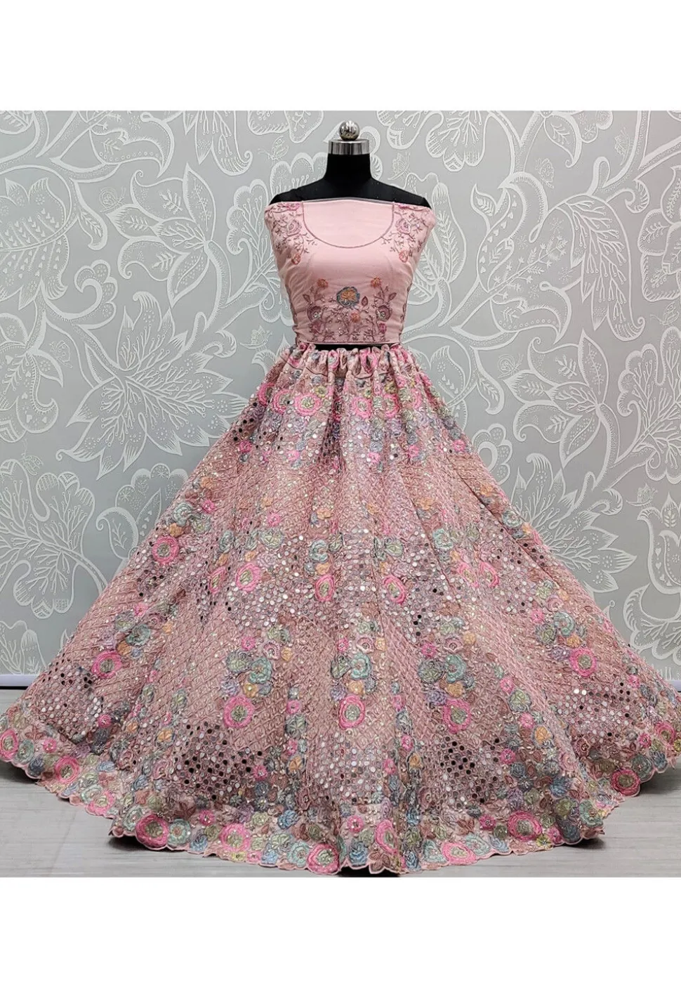 Embroidered Net Lehenga in Pink