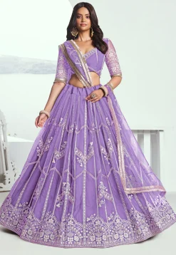 Embroidered Net Lehenga in Purple