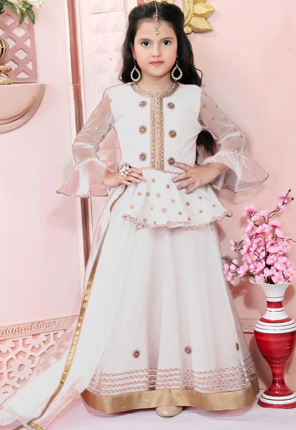 Embroidered Net Lehenga in Off White