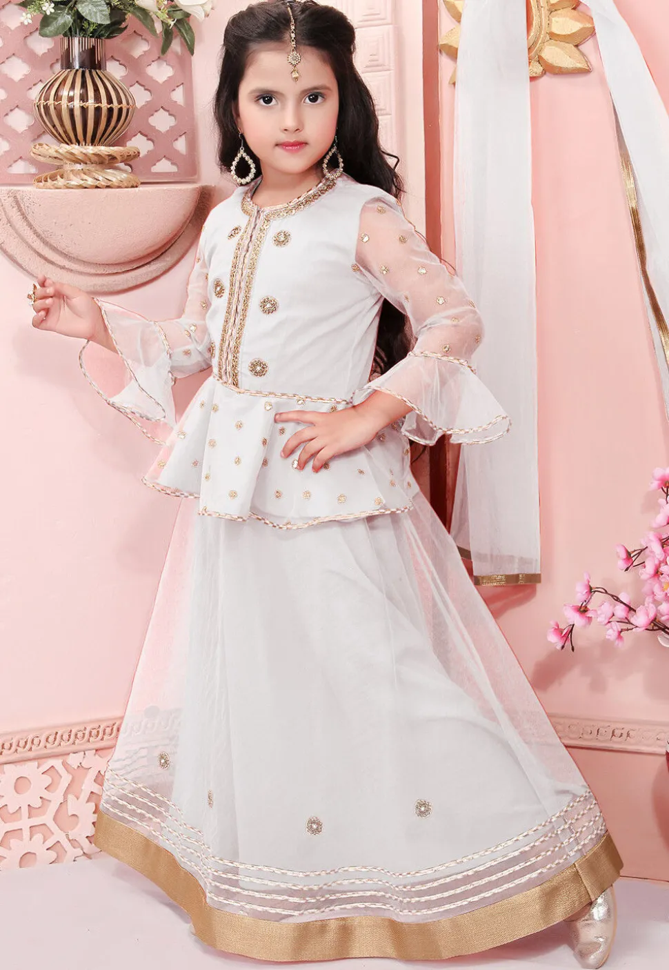 Embroidered Net Lehenga in Off White