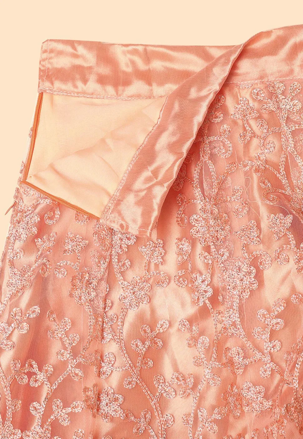 Embroidered Net Lehenga in Peach
