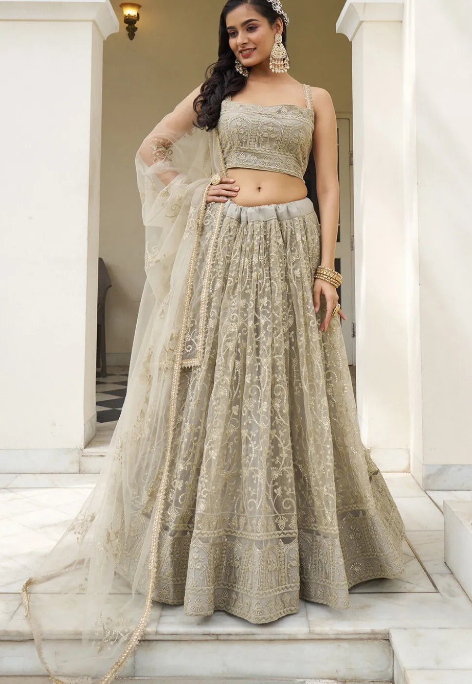 Embroidered Net Lehenga in Grey