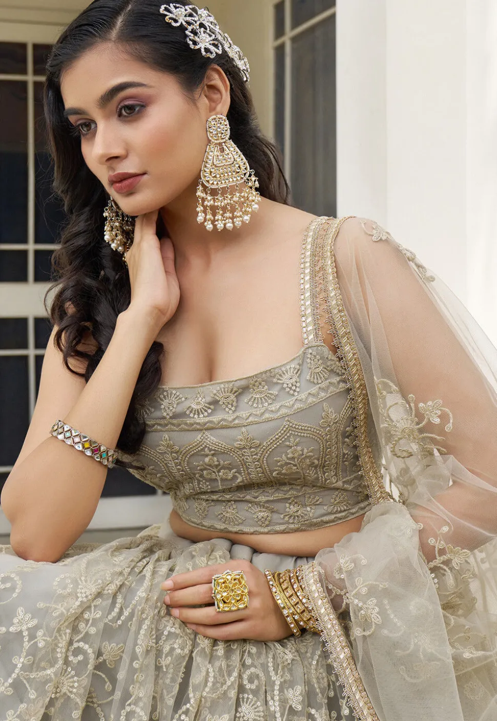 Embroidered Net Lehenga in Grey