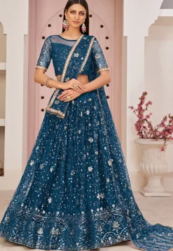Embroidered Net Lehenga in Teal Blue