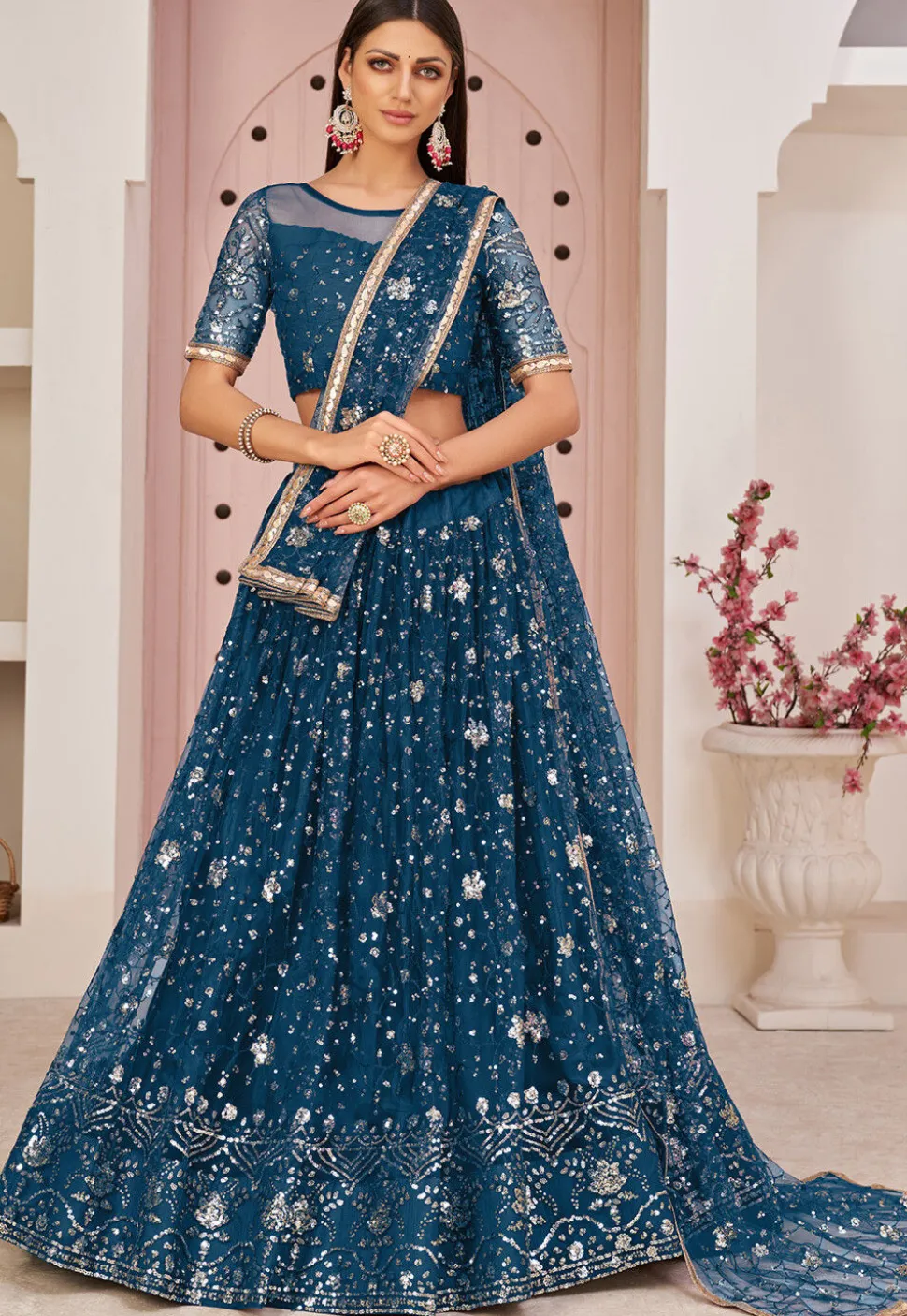 Embroidered Net Lehenga in Teal Blue