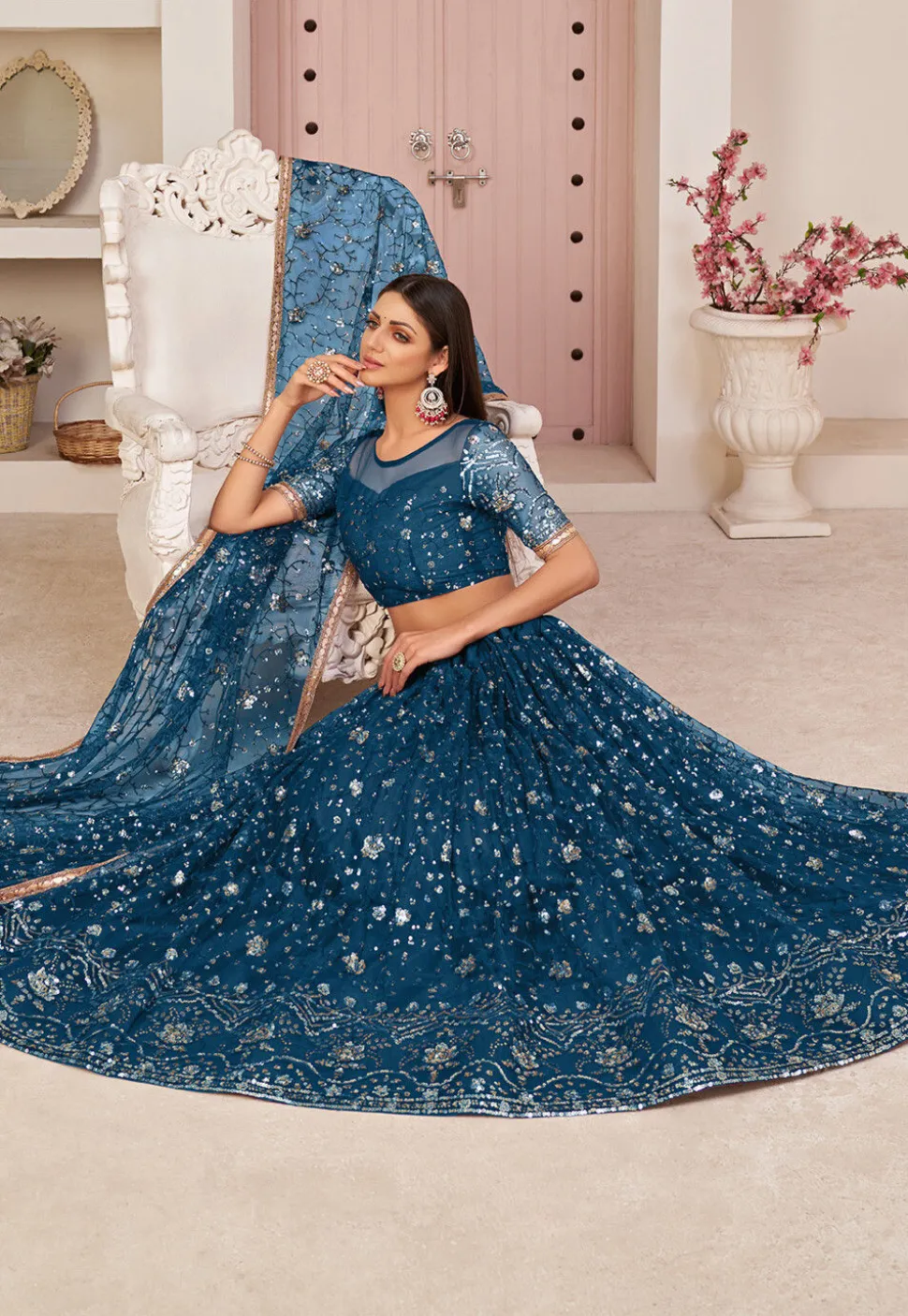 Embroidered Net Lehenga in Teal Blue
