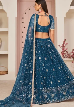 Embroidered Net Lehenga in Teal Blue