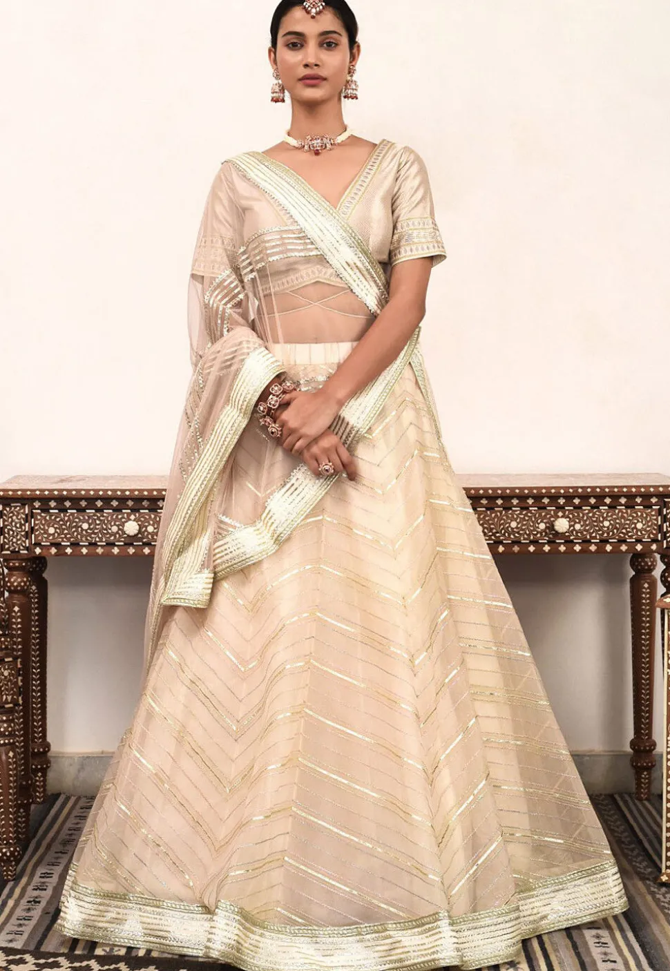 Embroidered Net Lehenga in Light Beige
