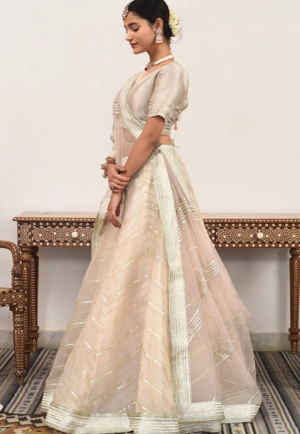 Embroidered Net Lehenga in Light Beige