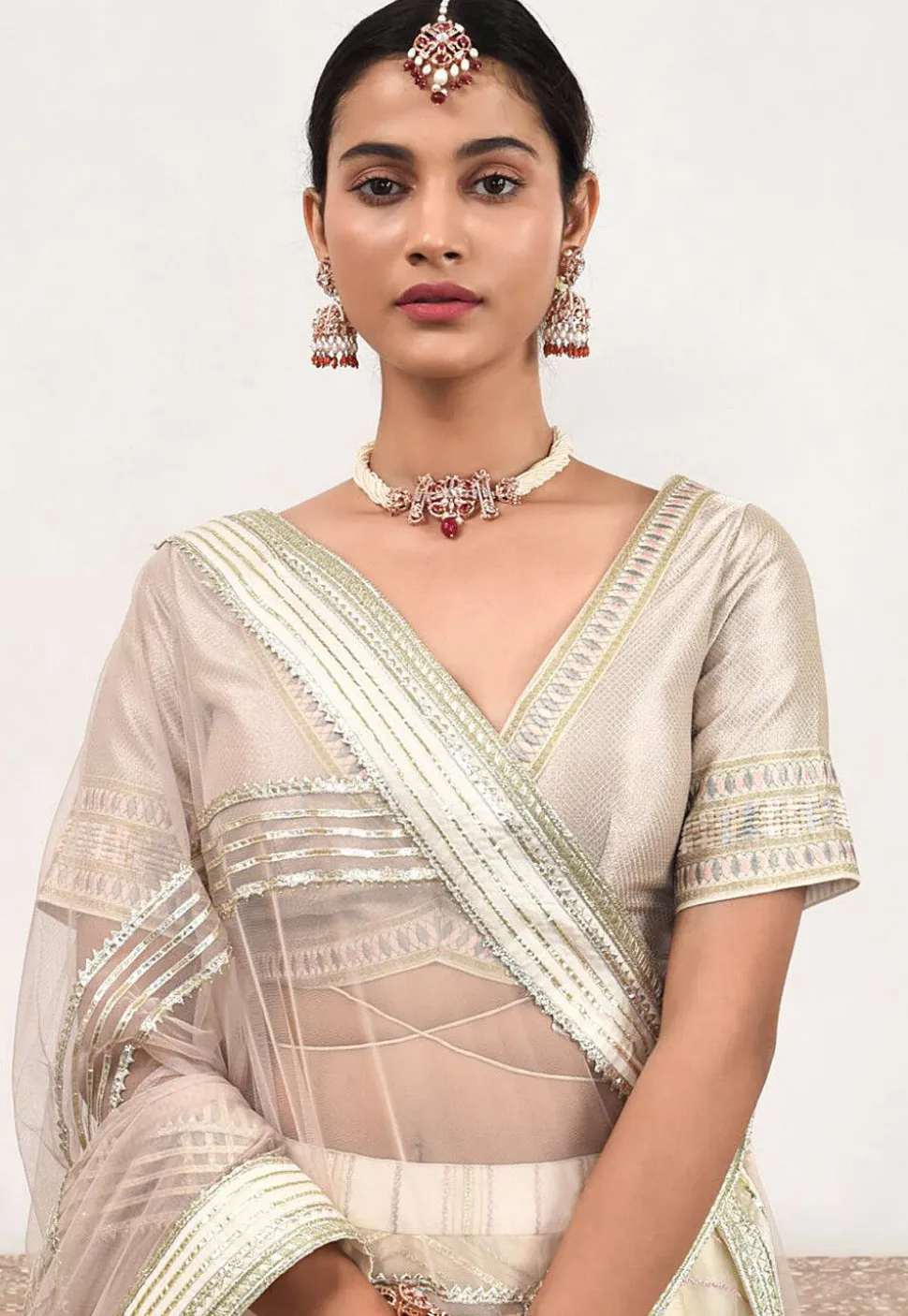 Embroidered Net Lehenga in Light Beige