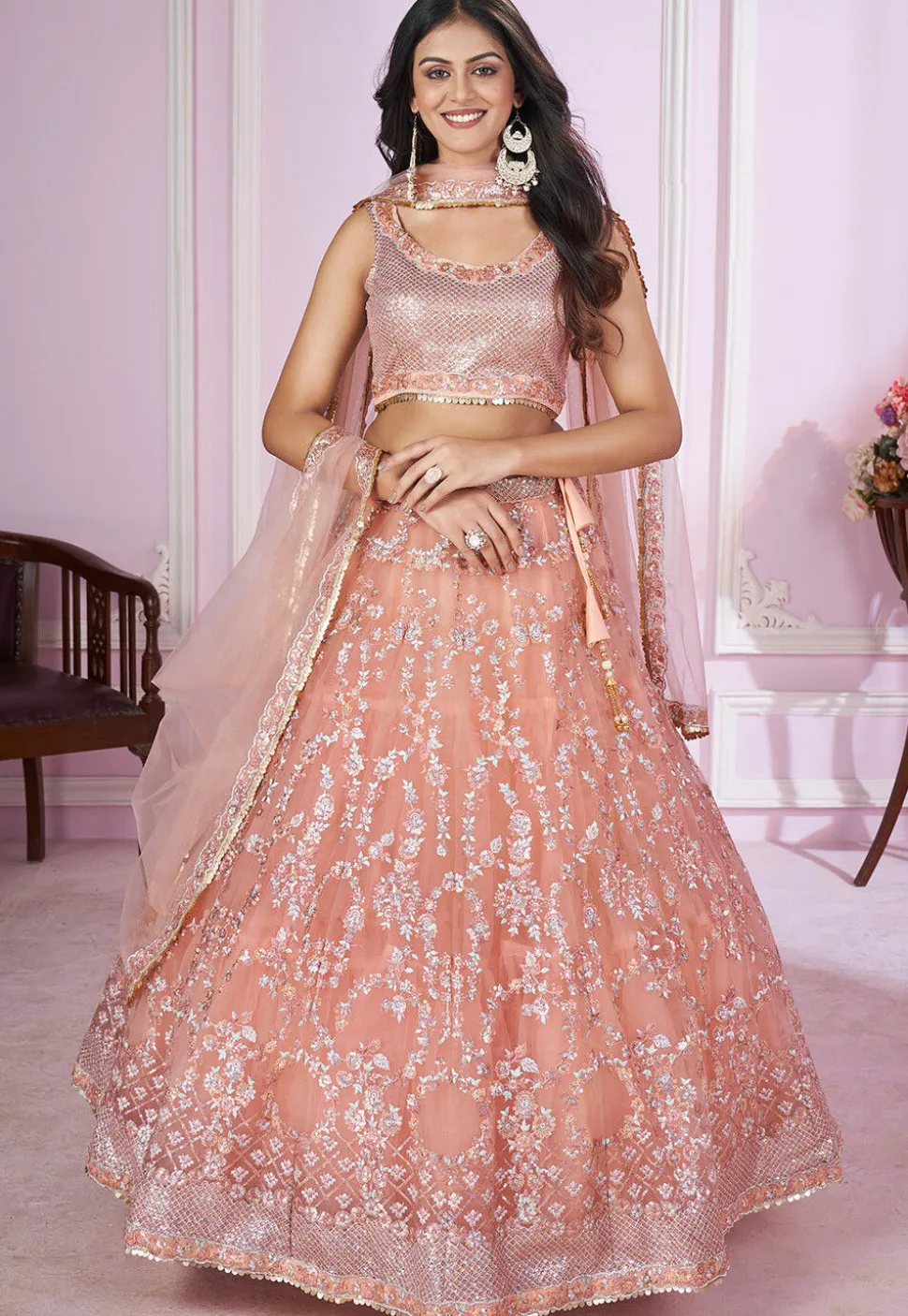 Embroidered Net Lehenga in Pink